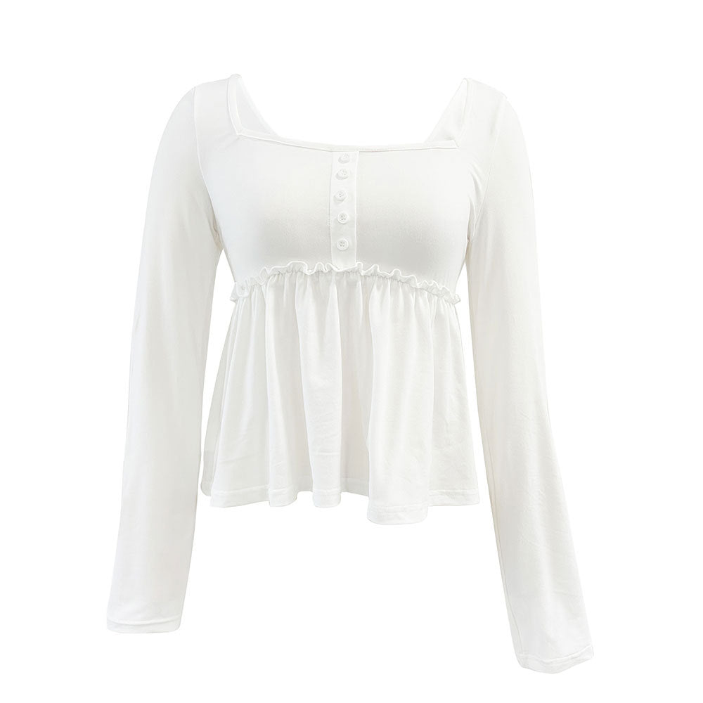 Chemise longue à manches longues sans fermeture pour femmes avec encolure carrée et ourlet en volants élégant Levoire