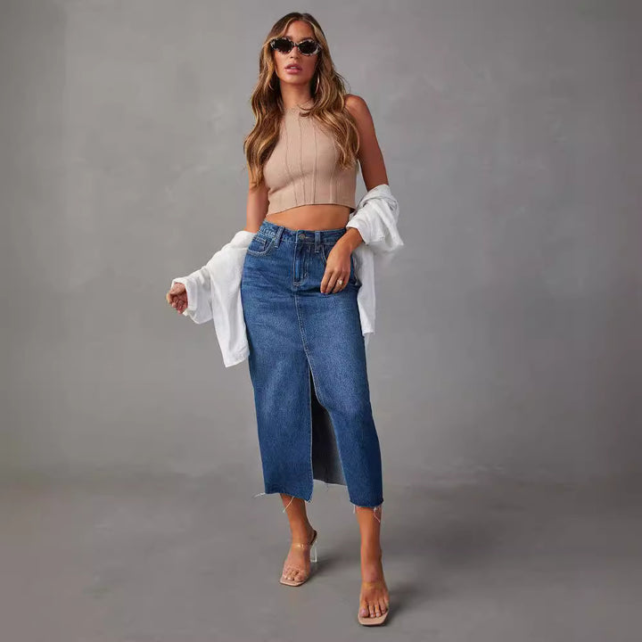 Robe crayon pour femmes à taille haute en denim avec fente latérale Levoire