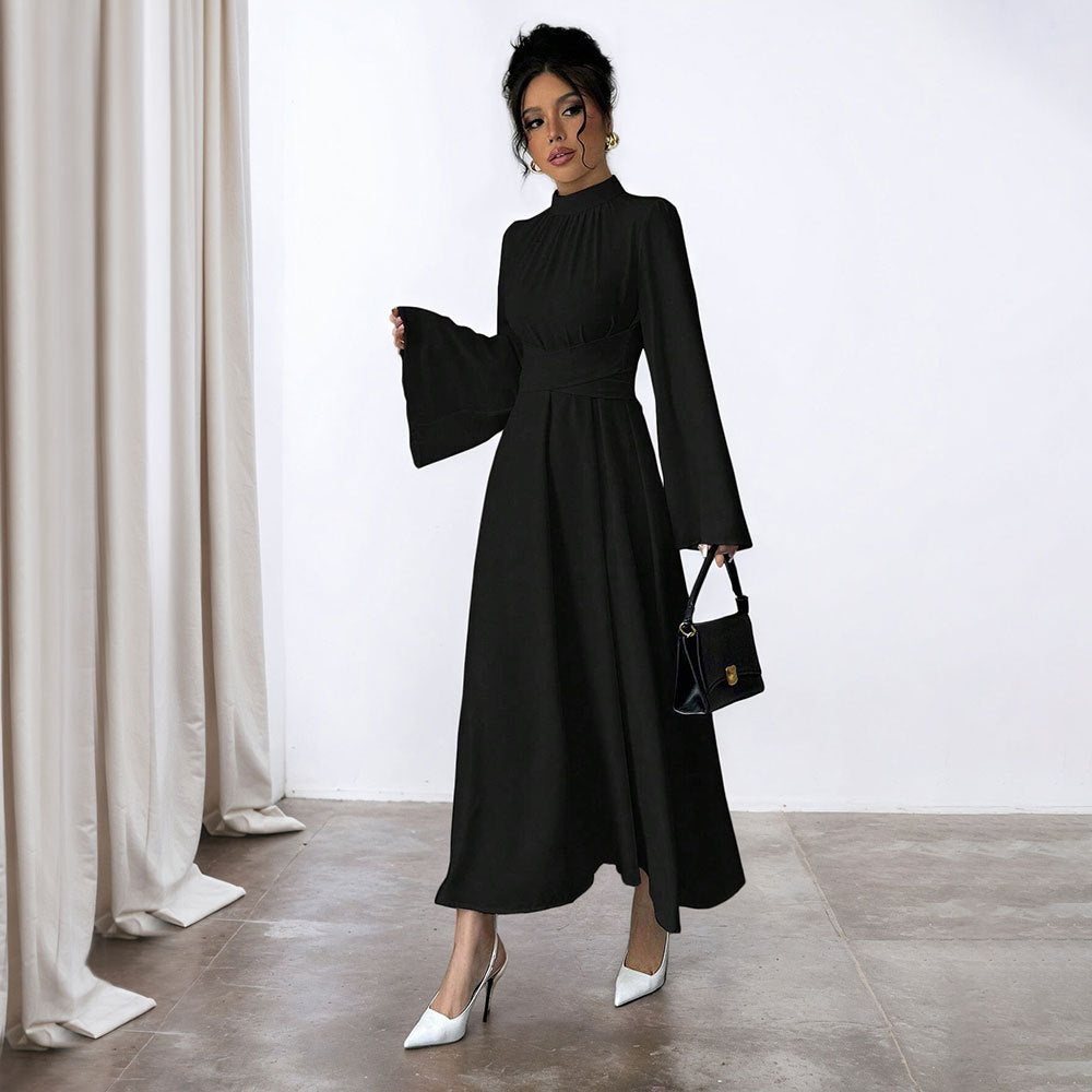 Robe Maxi Élegante pour Femmes avec Manches Fluentes et Col Haut Levoire