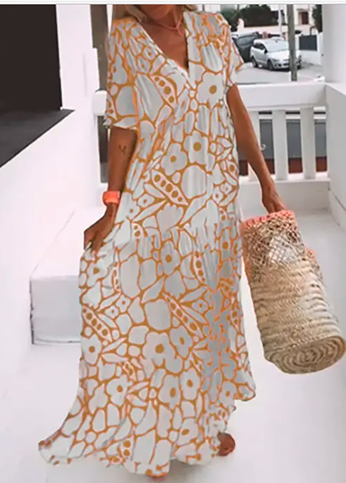 Levoire | Robe imprimée Robe longue à manches courtes imprimée Aurinkokukka Orange