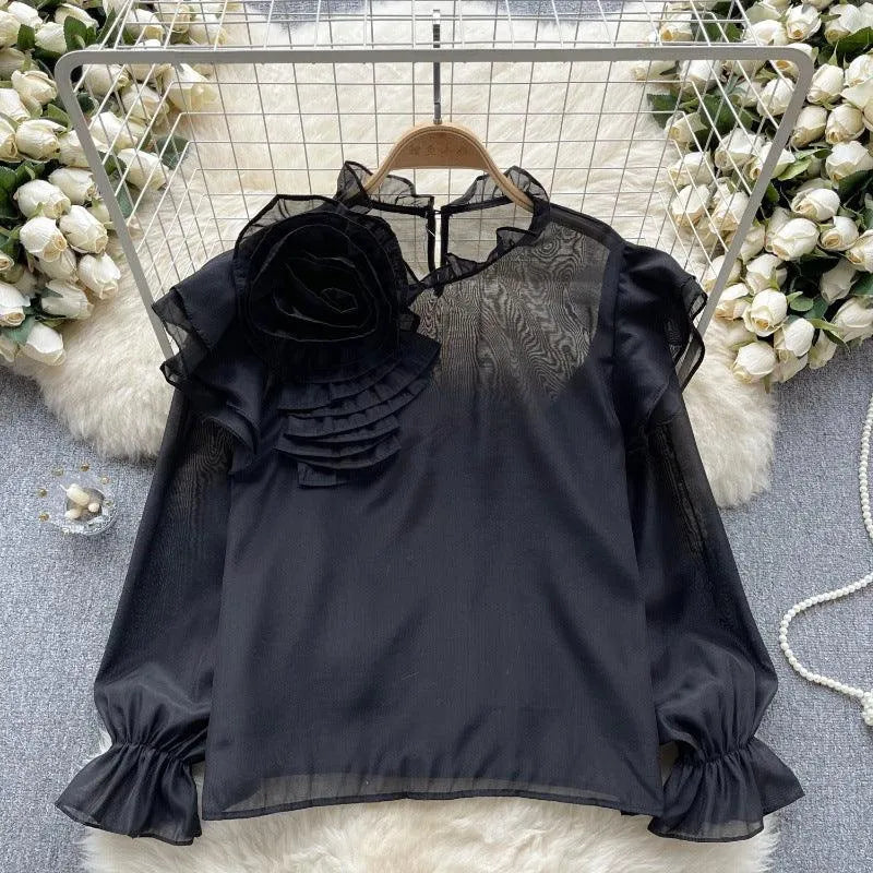 Levoire | Dolce Chiffon-blouse à manches bouffantes Noir Taille libre