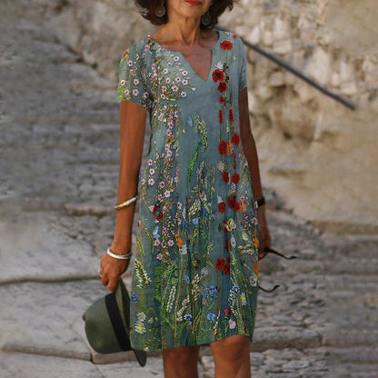 Levoire | Robe à col en V imprimée élégante à manches courtes 16 fleurs vertes