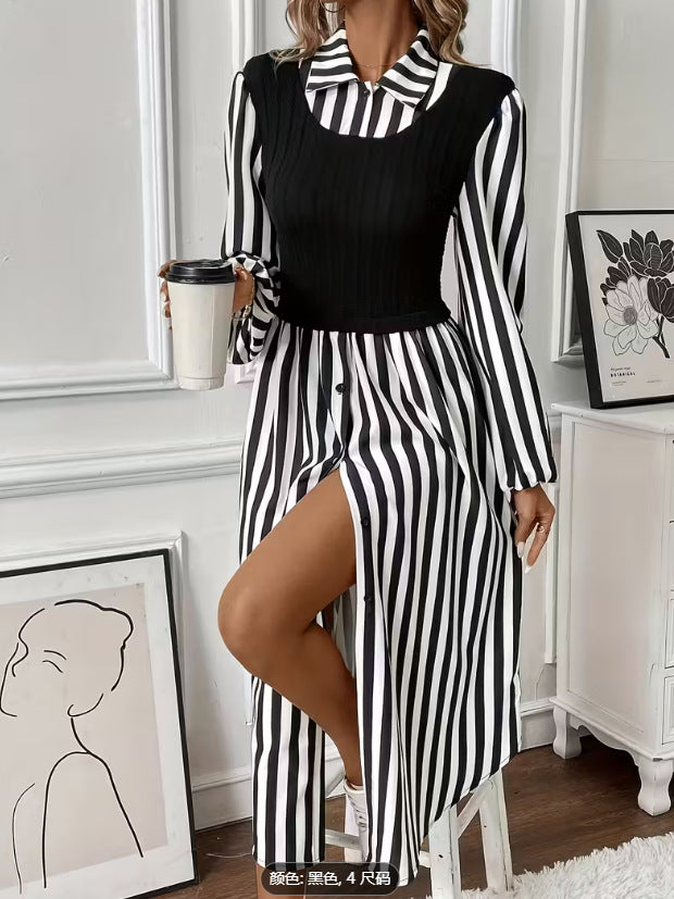 Robe rayée pour femmes avec haut ajusté et patte de boutonnage Levoire