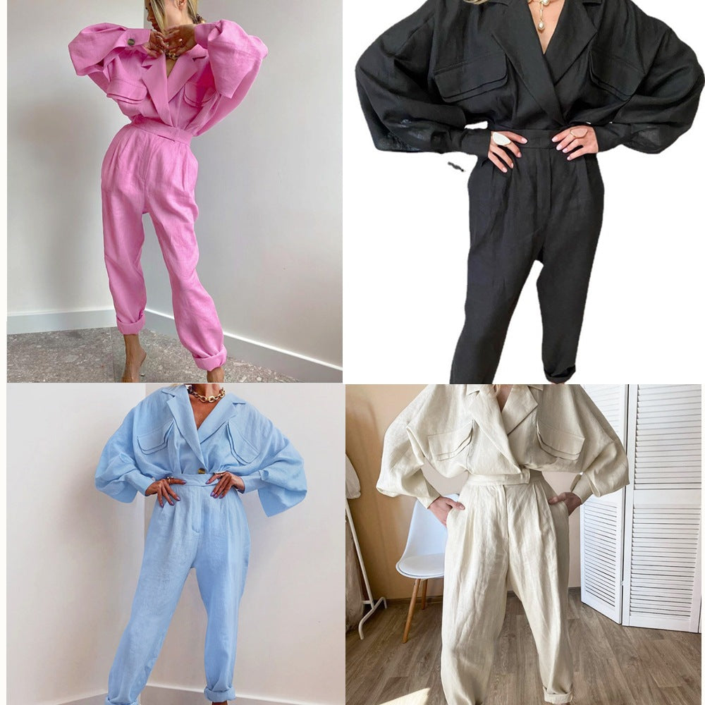 Combinaison en lin à la mode pour femme avec des manches volumineuses et une élégante ceinture à nouer Levoire