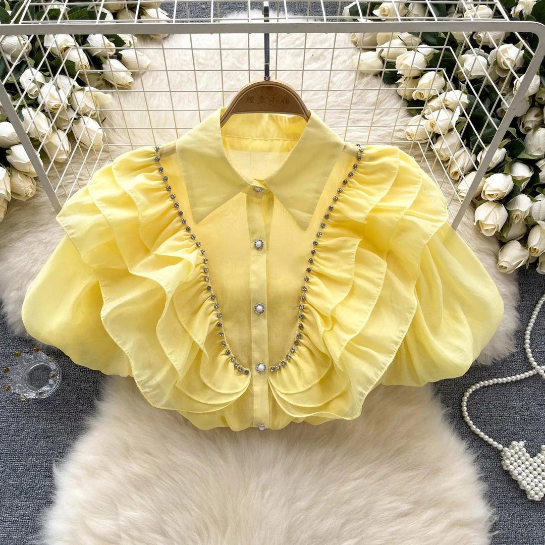 Levoire | Top avec des diamants transparents et fins et des manches bouffantes Jaune Taille libre