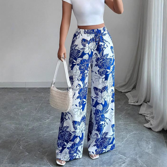 Pantalons palazzo taille haute pour femmes avec motif floral et poches latérales Levoire