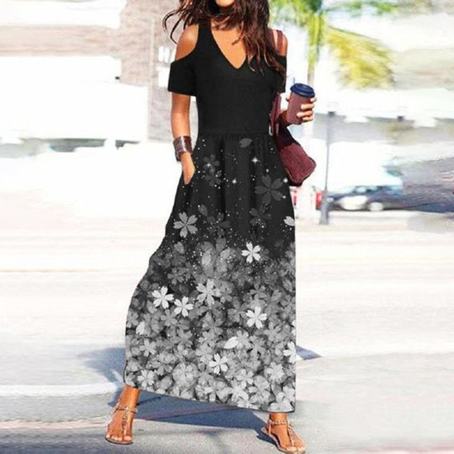 Levoire | Chic Floral Print V-Haul Off-Shoulder Robe Gris