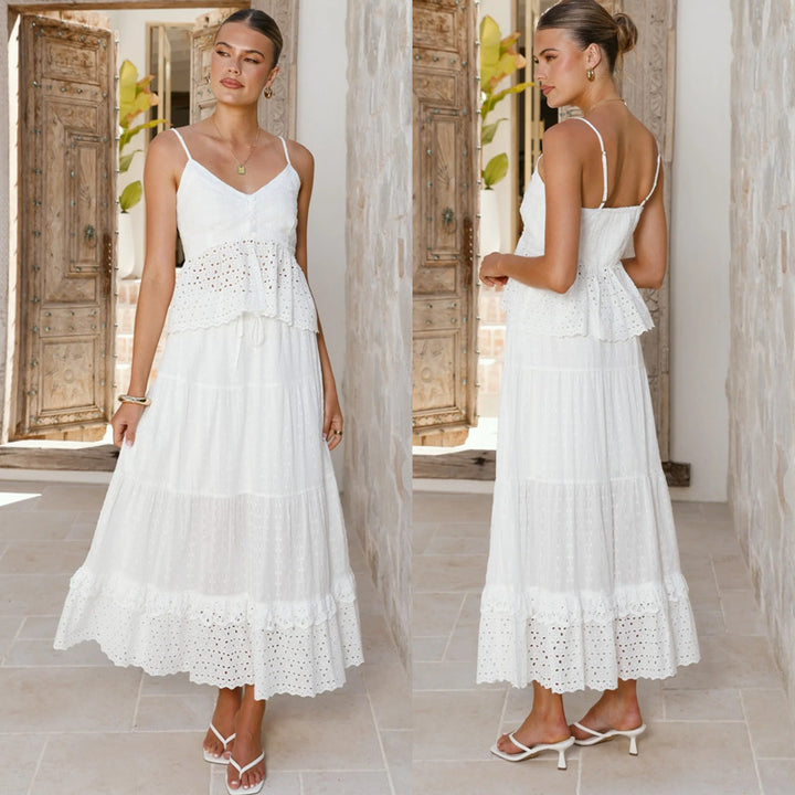 Robe maxi pour femmes avec dentelle aérée et bordure en volants ludiques Levoire