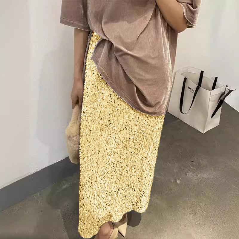 Levoire | Jupe longue droite élastique à fente élégante Or