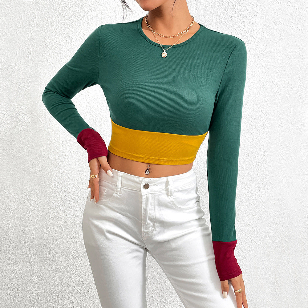 T-shirt court pour femmes avec design en bloc de couleur et manches longues Levoire