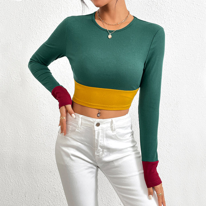 T-shirt court pour femmes avec design en bloc de couleur et manches longues Levoire