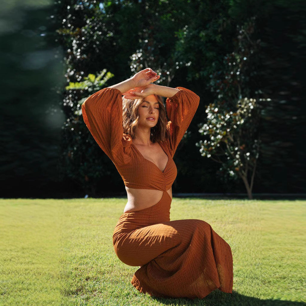 Robe maxi flatteuse pour femme avec manches bouffantes et découpes Levoire