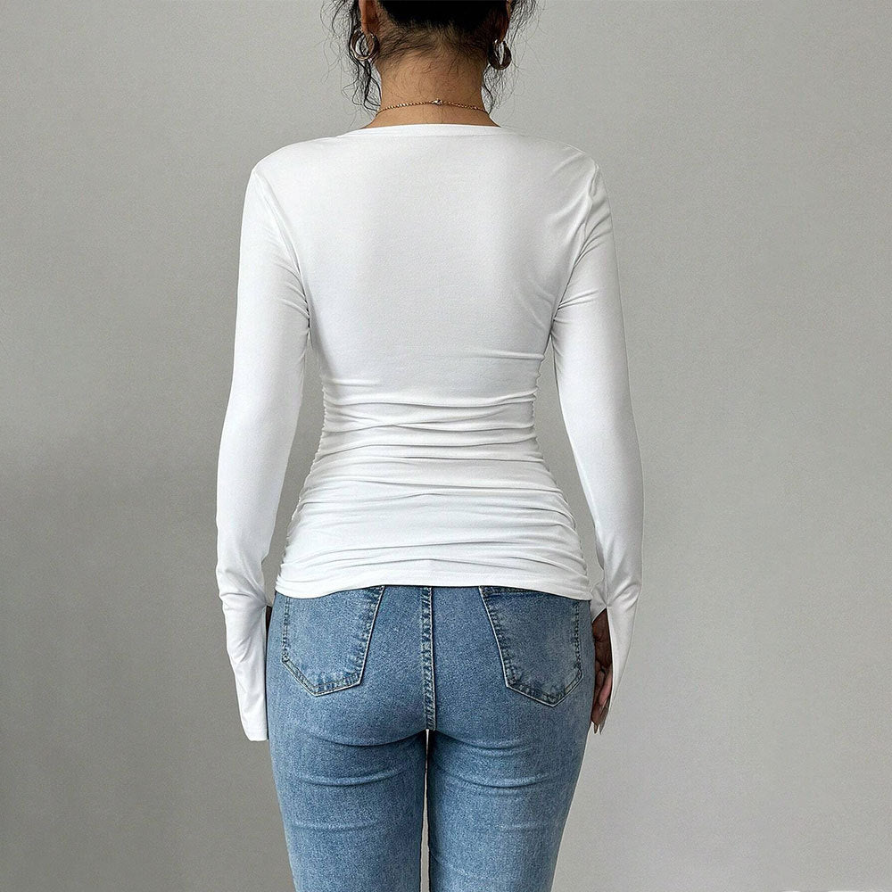 Blouse longue à manches longues pour femmes avec un décolleté carré chic et des détails de volants sophistiqués Levoire