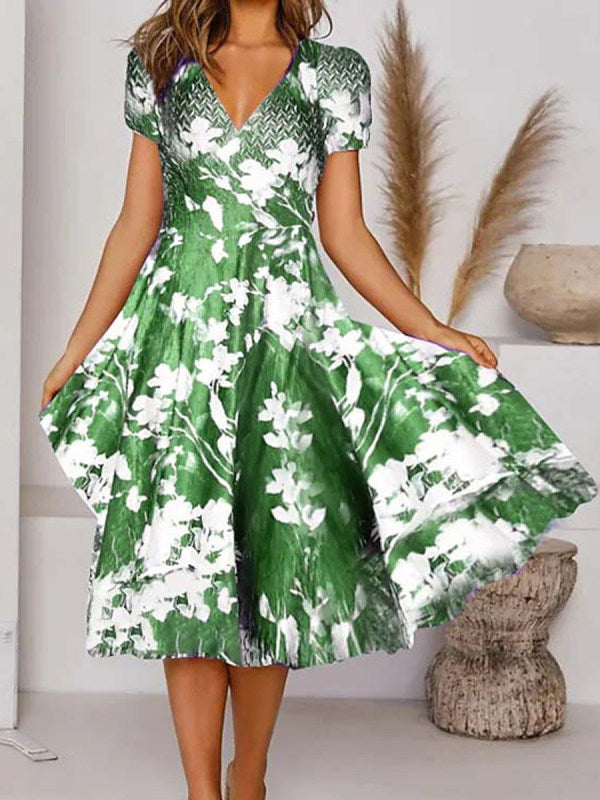 Levoire | Rento Print V-décolleté À Manches Courtes Robe Évasée Vert