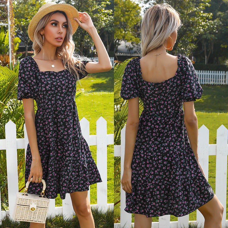 Robe florale rétro pour femmes avec larges manches bouffantes et jupe volumineuse Levoire