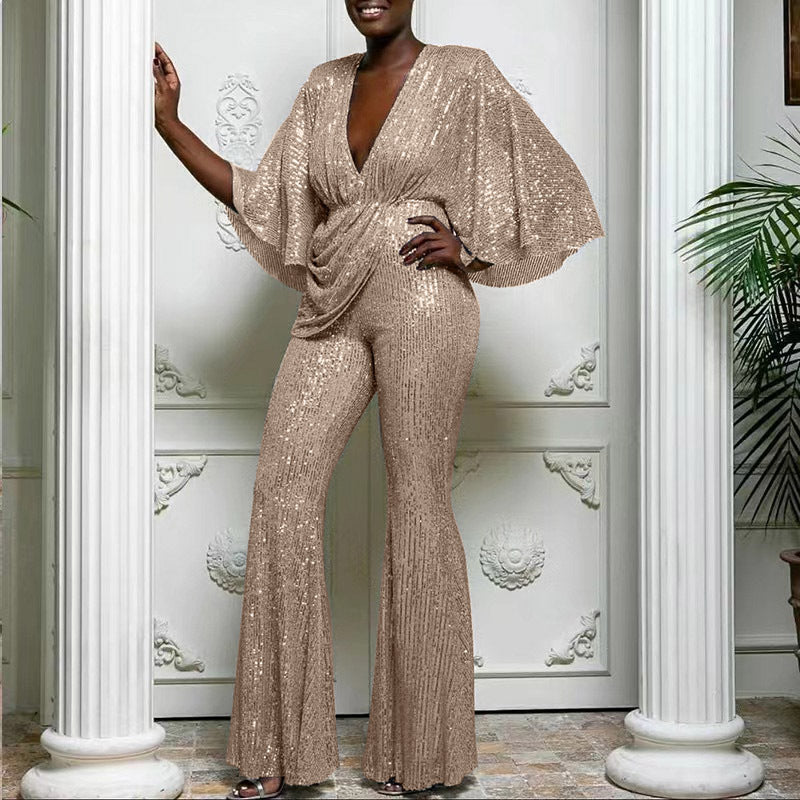 Levoire | Sensuelli profondeur V dos long salopette pantalon Couleur champagne