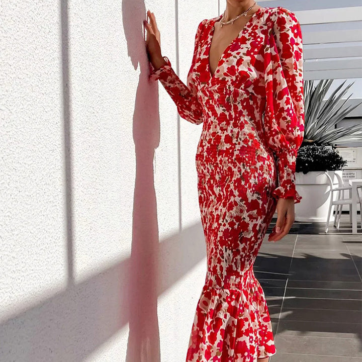 Robes Bodycon pour femmes avec ourlet volanté et motif floral glamour Levoire