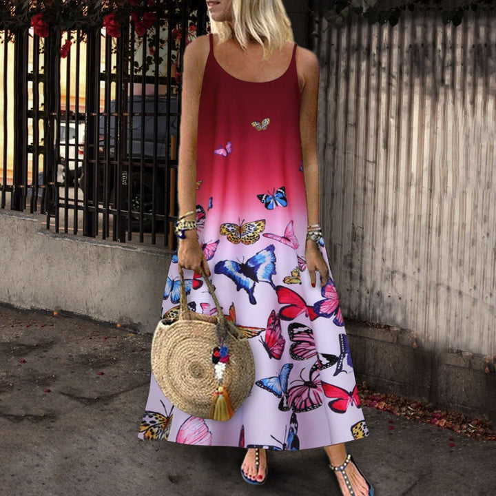 Robe maxi femme avec impression papillon élégante et larges bretelles Levoire