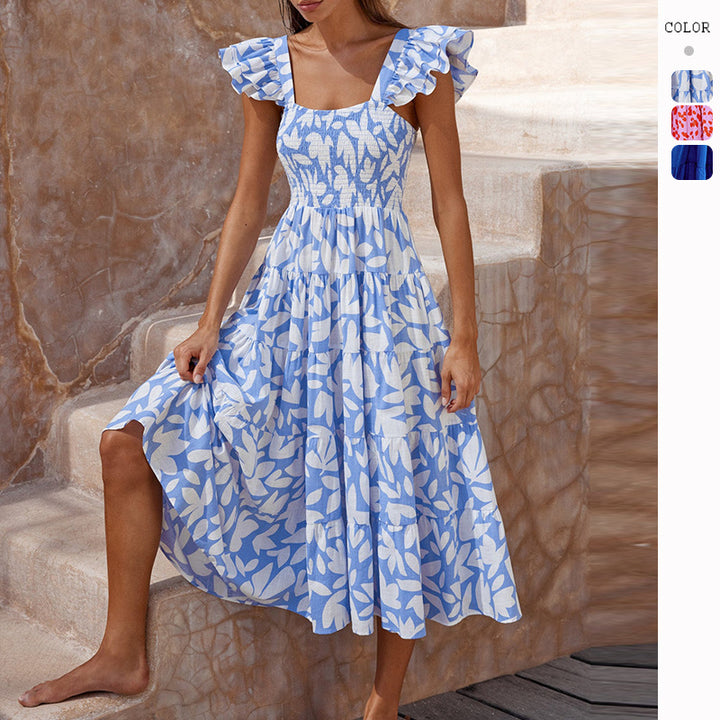 Robe midi aérienne pour femmes avec manches à volants et ourlet évasé Levoire