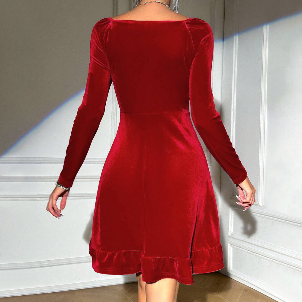 Robe Midi en Velours pour Femmes avec Élégant Décolleté en V et Détails de Volants Décontractés Levoire