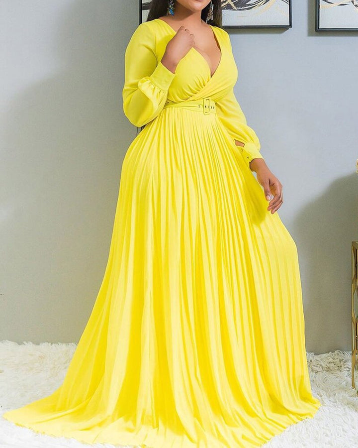 Levoire | Élégant Vintage Sifon Longue Manche-M robe longue Jaune clair