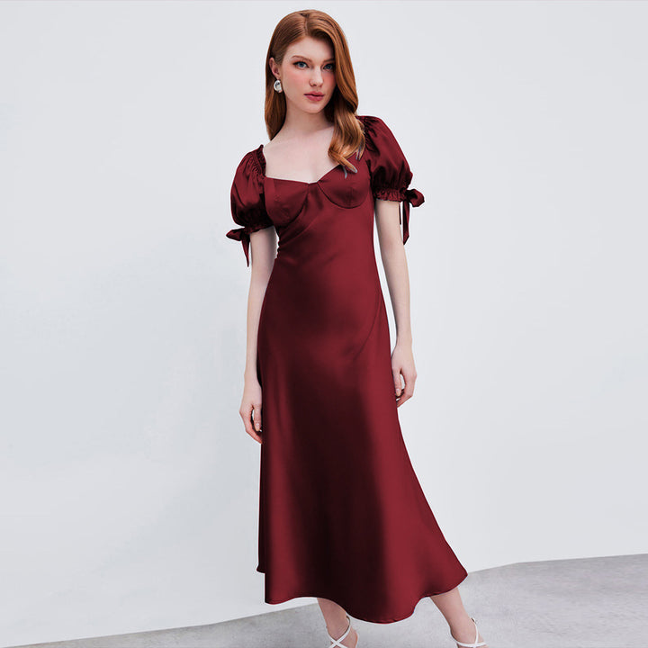 Robe midi pour femmes avec des manches bouffantes élégantes et un décolleté en V chic Levoire