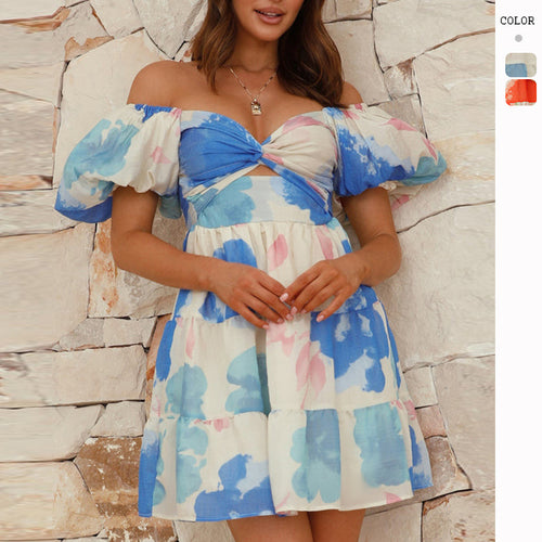 Robe volumineuse à volants pour femmes avec design décolleté et motif floral Levoire
