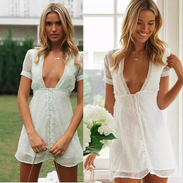 Robe mini légère pour femmes avec des pois délicats et un décolleté en V profond Levoire