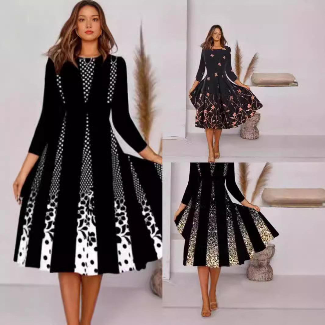 Levoire | Élégante robe imprimée à col rond à manches 3/4