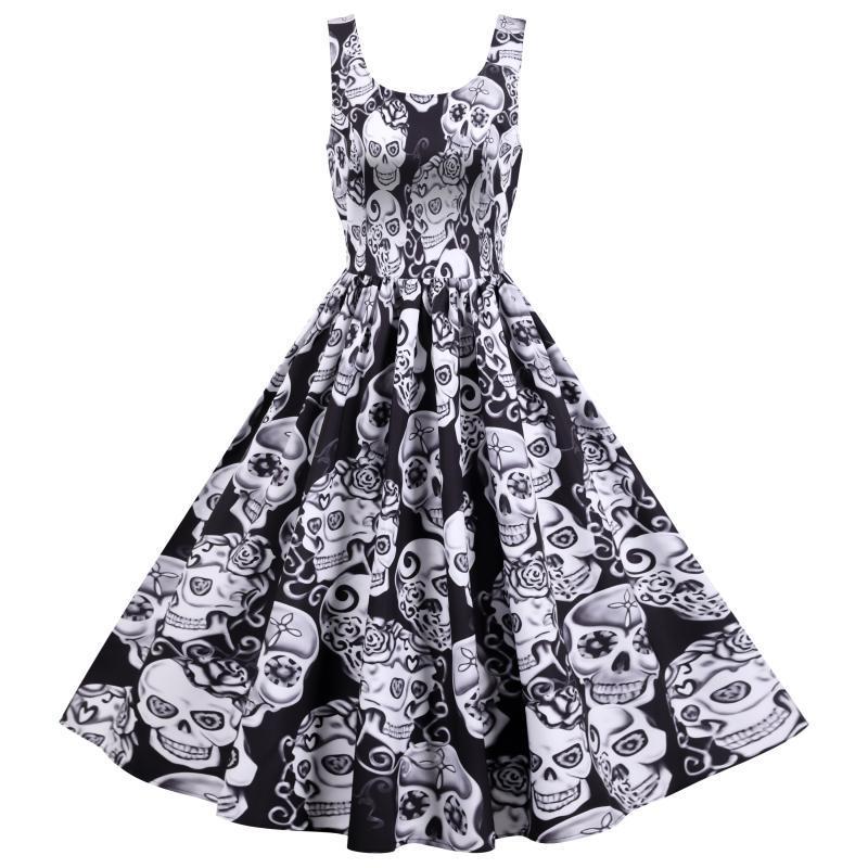 Robe A-Ligne Rétro pour Femme avec Design de Crâne et Jupe Volumineuse Levoire