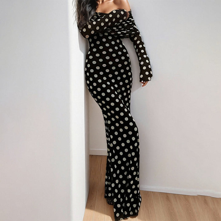 Robe maxi élégante pour femmes avec design sans épaules et motif à pois à la mode Levoire