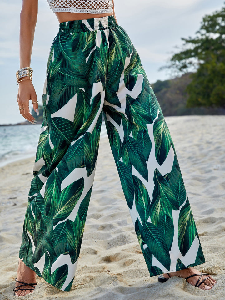 Pantalons de plage amples pour femmes avec motif de feuilles tropicales et taille élastique Levoire