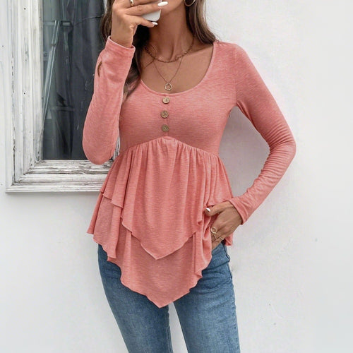 Blouse à manches longues pour femmes avec détails volantés et patte de boutonnage Levoire