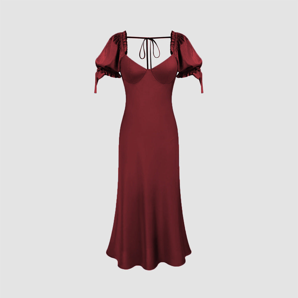 Robe midi pour femmes avec des manches bouffantes élégantes et un décolleté en V chic Levoire