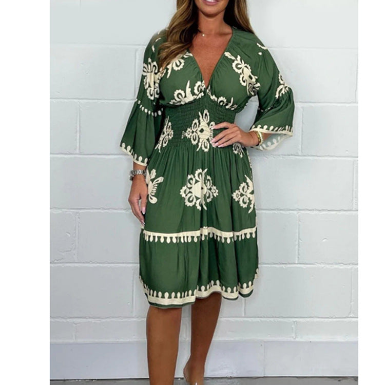 Levoire | Robe Fleur Été Fleur Trois-quarts Manches Robe Vert