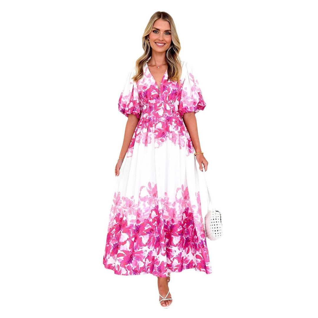 Robe maxi pour femmes avec manches bouffantes volumineuses et design floral Levoire