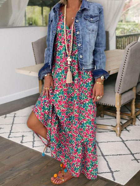 Levoire | Robe Longue Avec Décolleté En V Et Imprimé Bohème Rouge clair