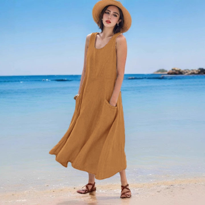 Levoire | Robe en lin Sac d'été Sans manches Col rond Robe Marron clair