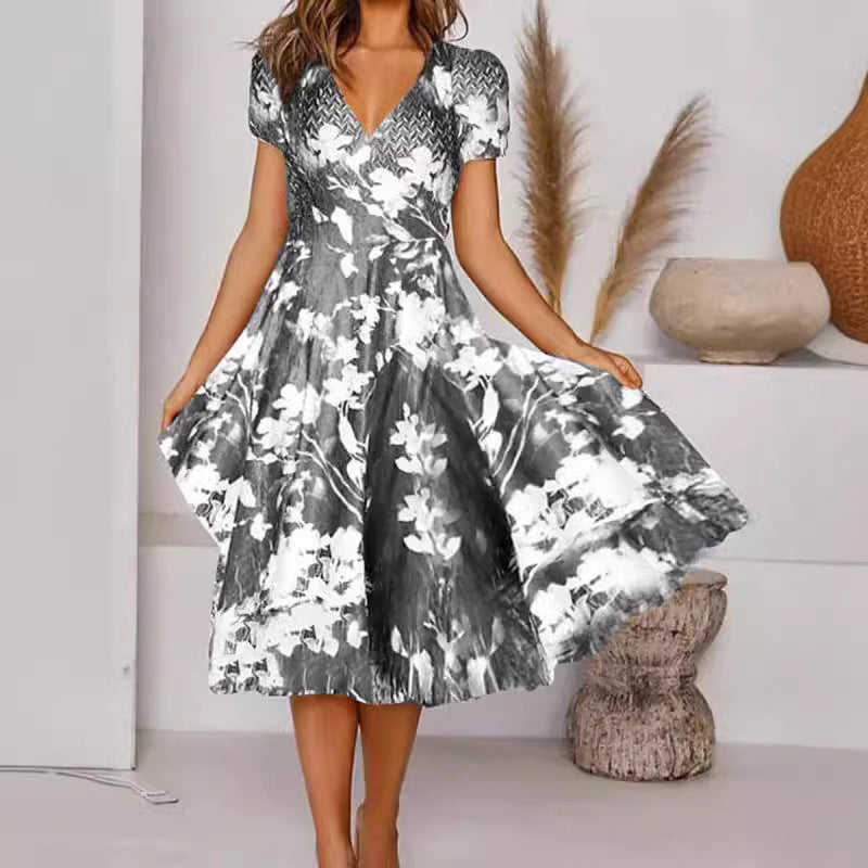 Levoire | Rento Print V-décolleté À Manches Courtes Robe Évasée