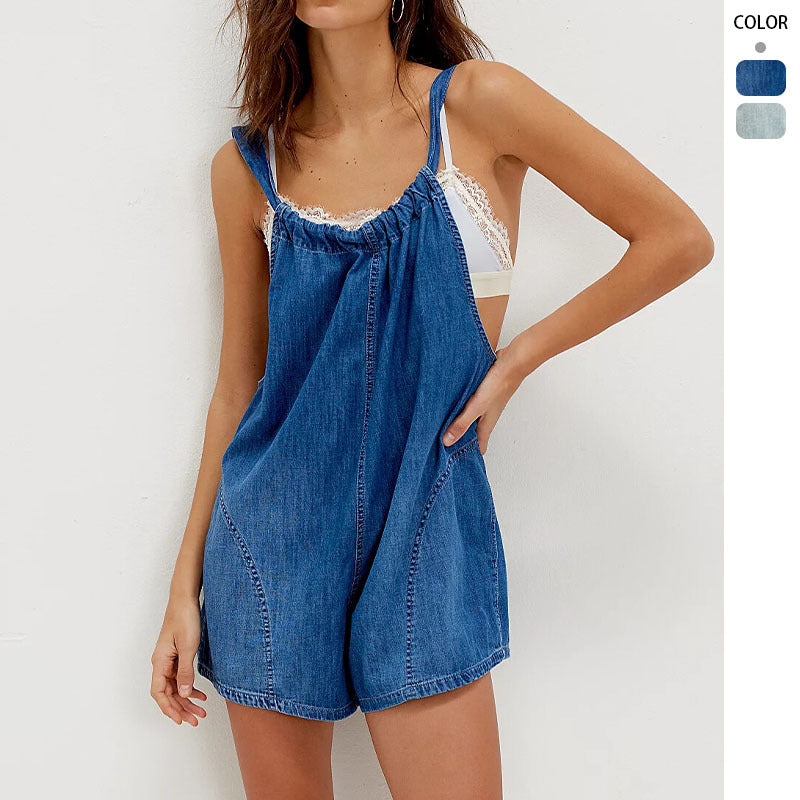 Salopette en denim pour femmes avec encolure froncée et poches latérales Levoire