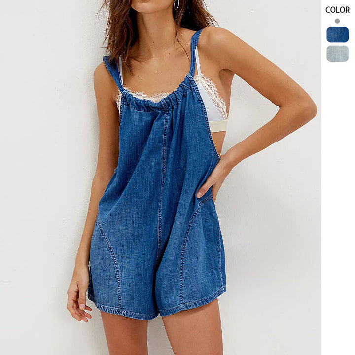 Salopette en denim pour femmes avec encolure froncée et poches latérales Levoire
