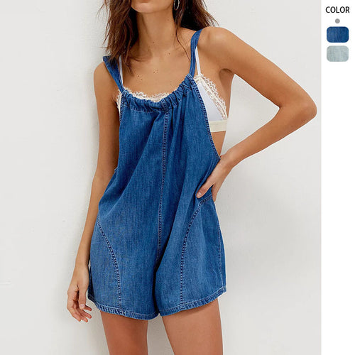 Salopette en denim pour femmes avec encolure froncée et poches latérales Levoire