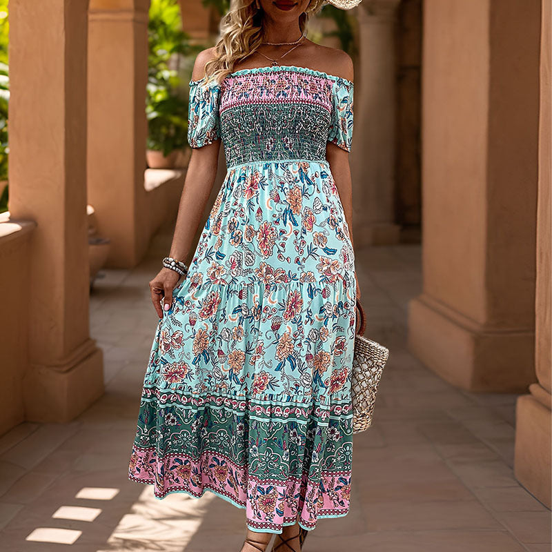 Robe Maxi Femme à Épaules Dénudées avec Imprimés Floraux et Ceinture Élastique Levoire