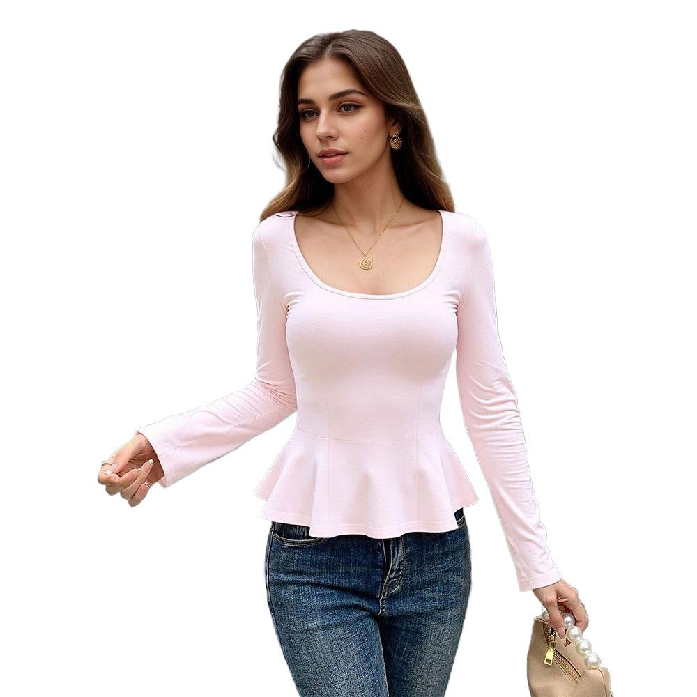 Top Peplum Femme avec Encolure Profonde et Manches Longues Levoire