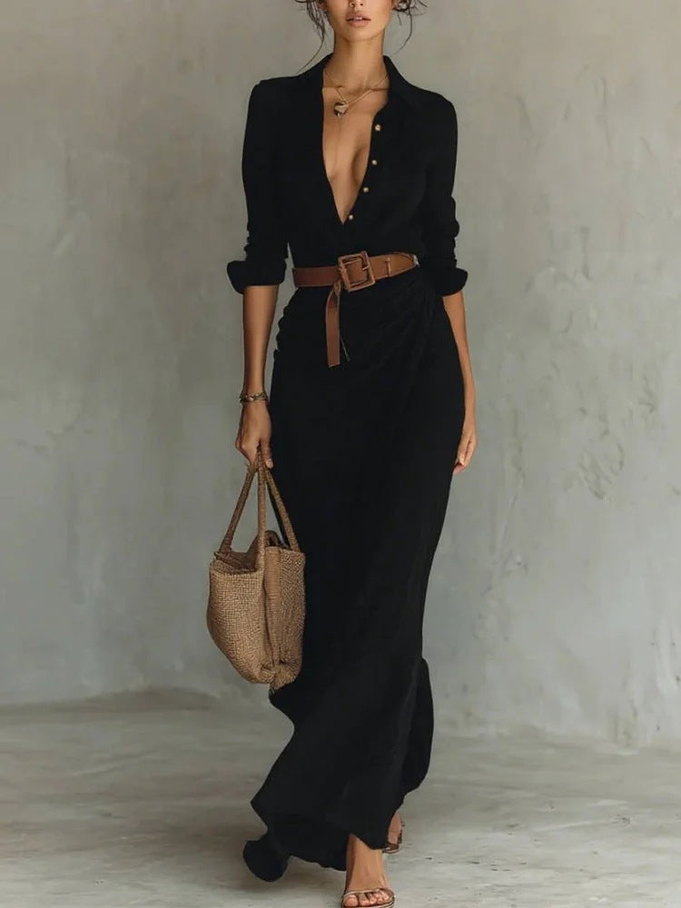 Robe maxi pour femme avec col de chemise classique et ceinture latérale Levoire