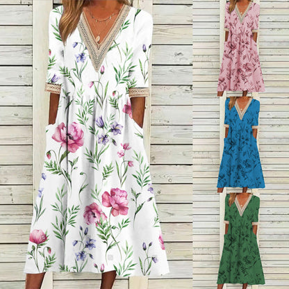 Levoire | Élégant Imprimé V-Découpe dentelle Trois-Quarts-manches robe