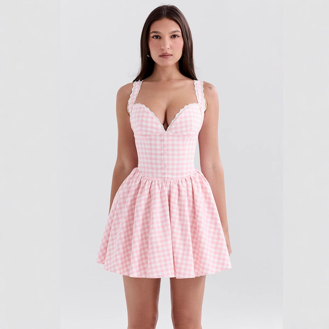 Robe mini pour femmes à découpe en V avec détails en volants et motif à carreaux Levoire