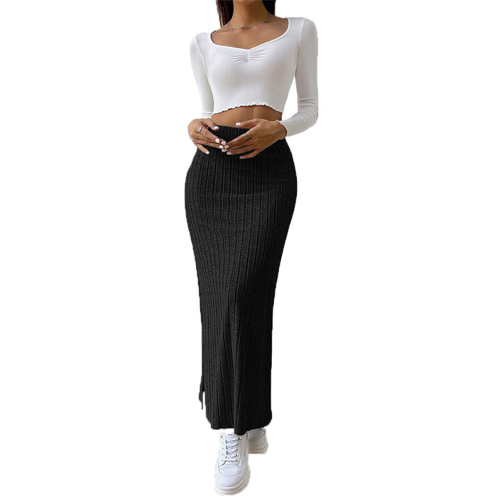 Jupe tricotée longue pour femmes avec côtes diagonales et taille haute Levoire