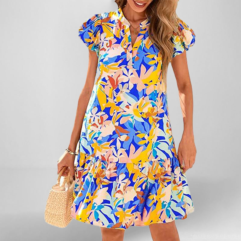 Robe courte à manches courtes fluides pour femmes avec ourlet froncé raffiné Levoire