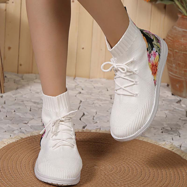 Levoire | Baskets Mixtes Confortables Mi-Longues Avec Détail En Fleurs Sur Le Talon Pour Femmes Blanc